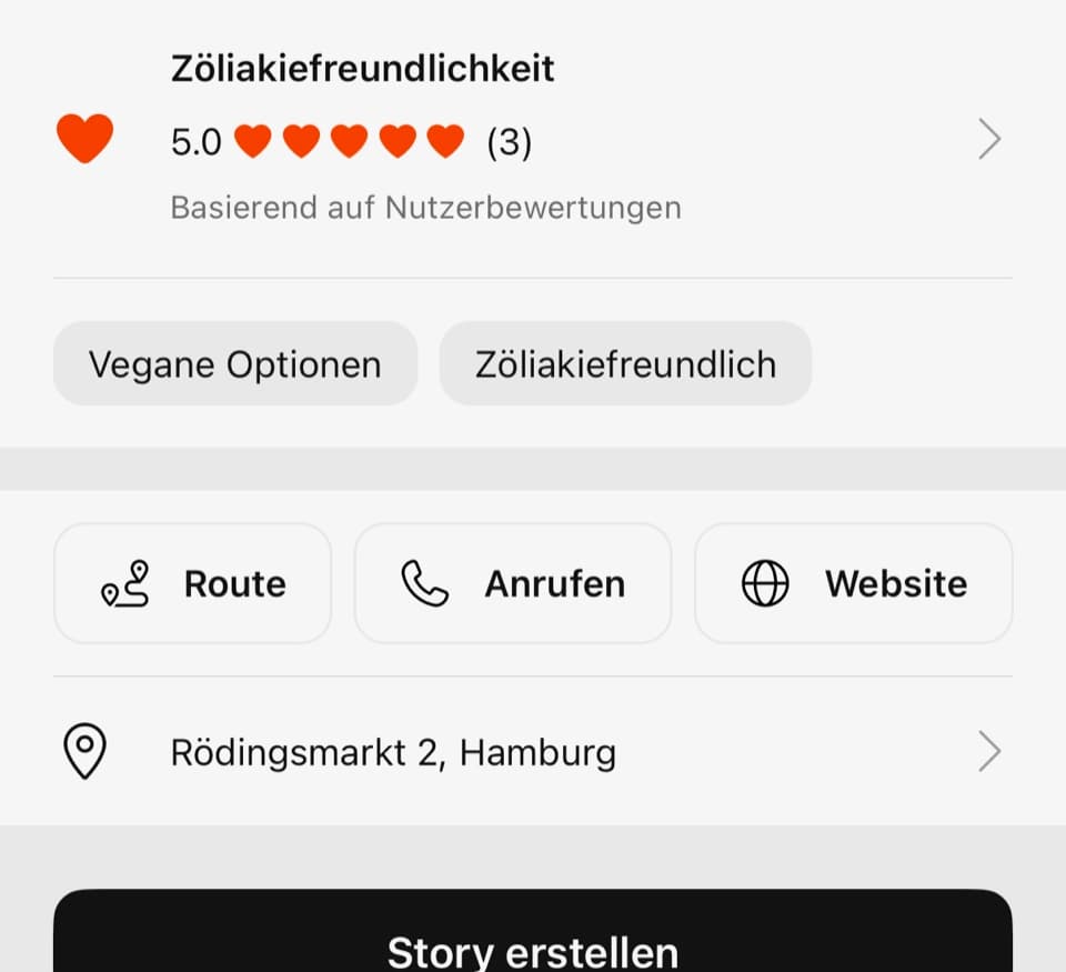 Orts-Seite in FoodQuest mit einer Zöliakiefreundlichkeit von 5,0, bewertet von Mitgliedern